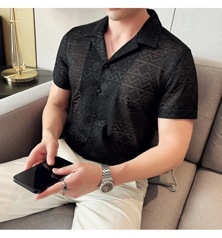 Spring/Summer Short Sleeved Shirt for Men Tailored Collar Lace Shirt Fashion Nightclub Social Party Tuxedo Blouse Streetwear