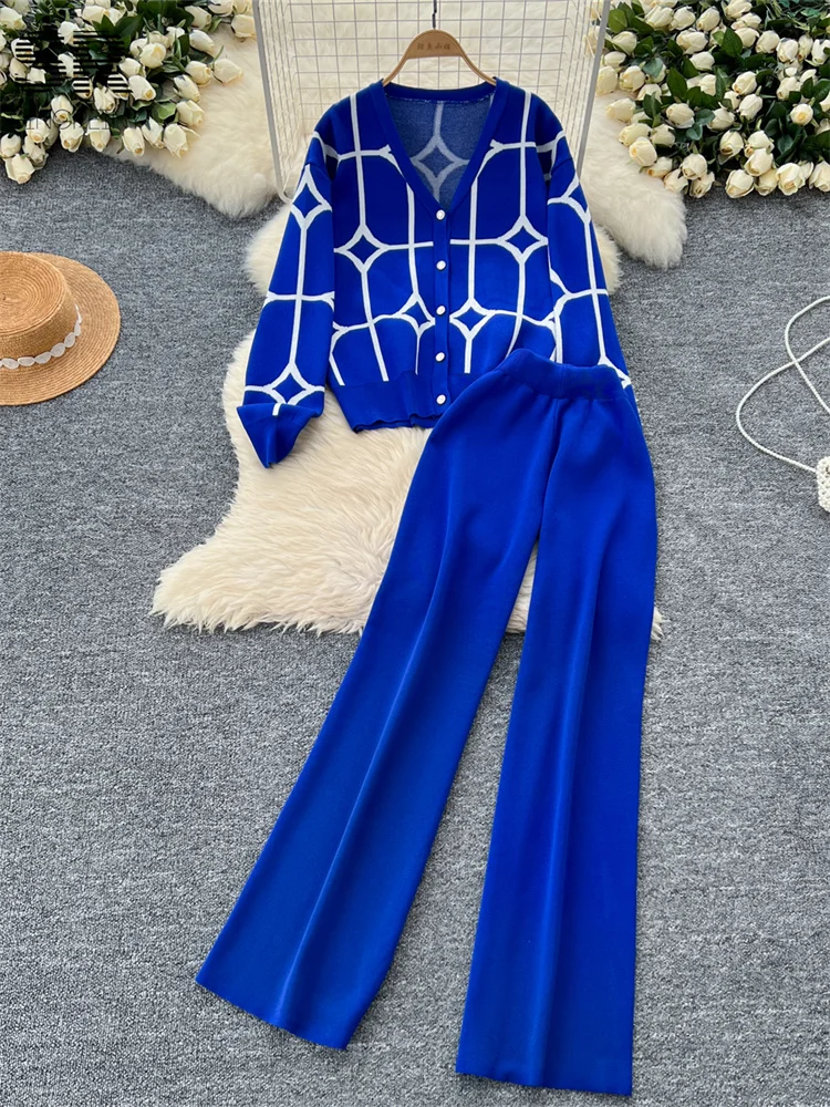 SINGREINY Basics Print Knit Two Pieces Sets Autumn Winter Single Breasted Cardigan+Wide Leg Long Pants Fashion Streetwear Suits 3