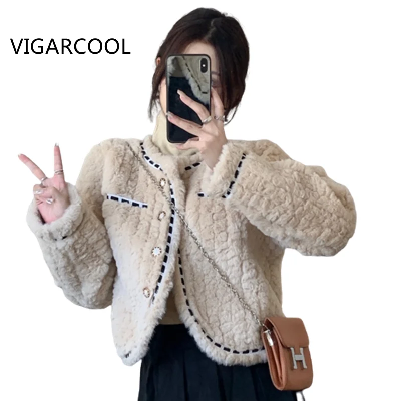 

Women's short artificial lamb wool coat thickened cotton coat 2023 new French style fur jacket small fragrant warm short jacket