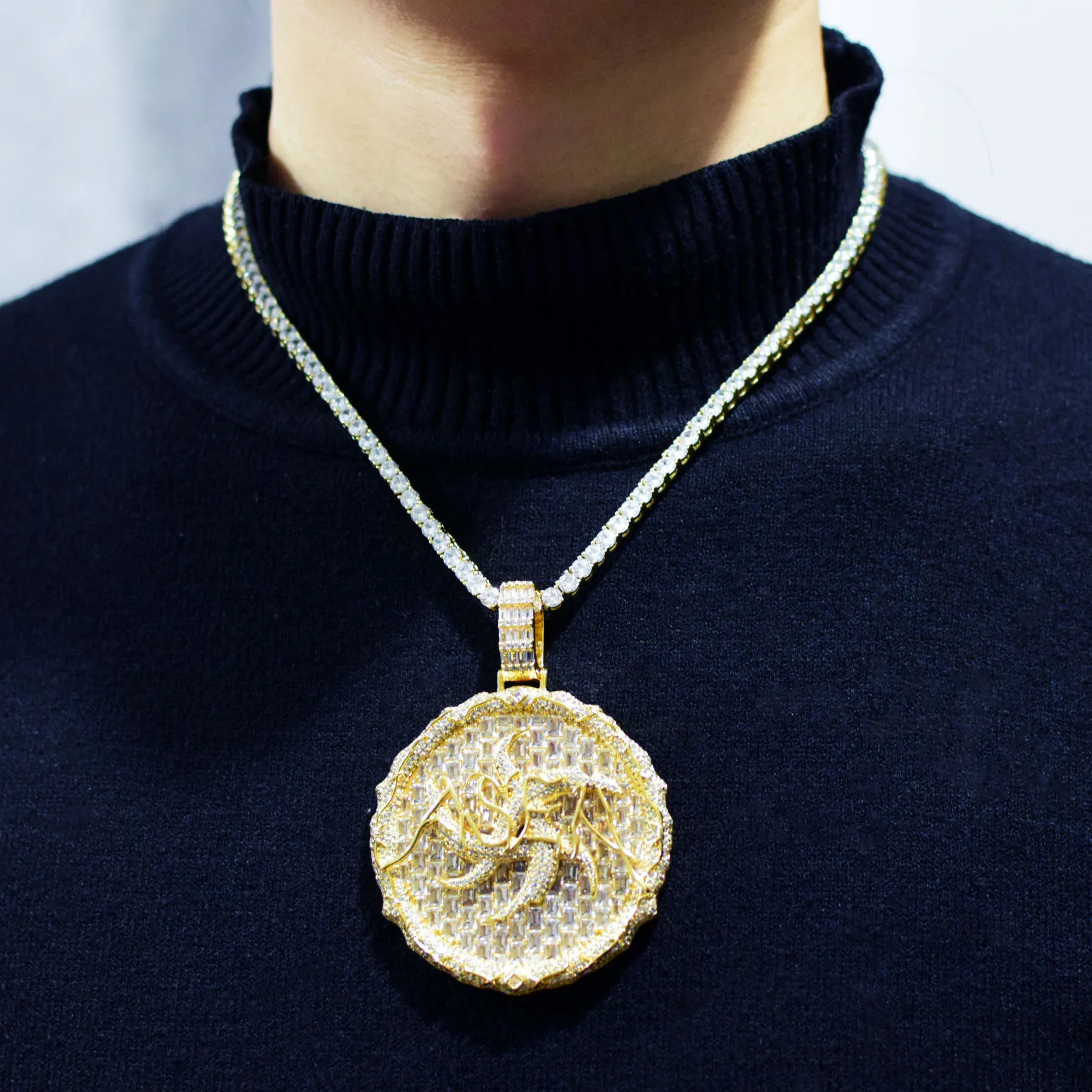 CUC ASEN Letter Baguette Pendant Necklace Iced Out Bling Gold Plated Cubic Zirconia Round Charm Men Hip Hop Jewelry 2023 New