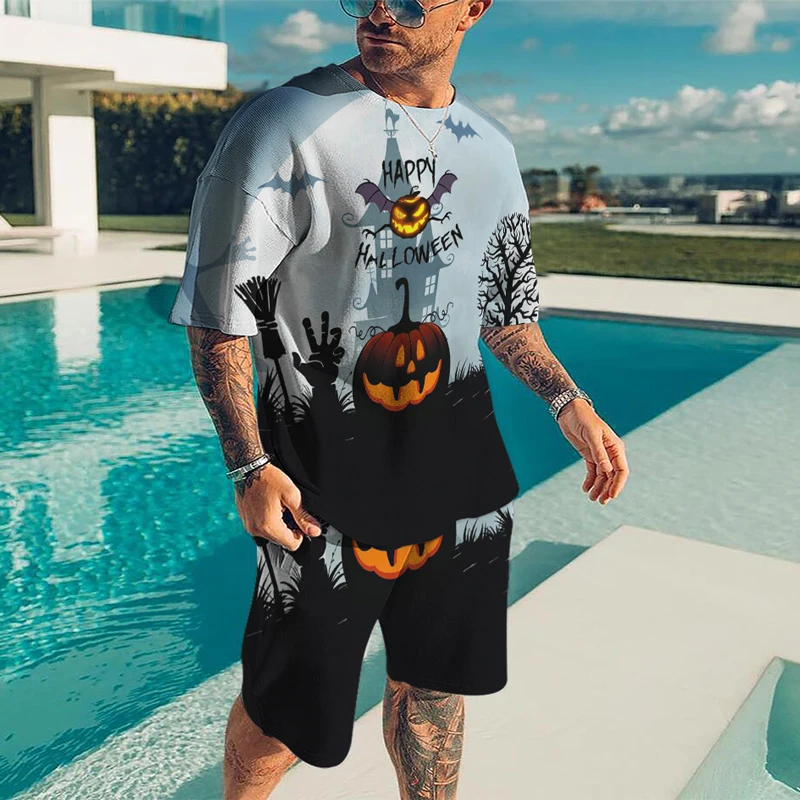 Men's Short Sleeve T-Shirt Set 3D Christmas Pumpkin Lights Scary Pattern Oversized Round Neck 2 Piece Queue Quick Dry Set