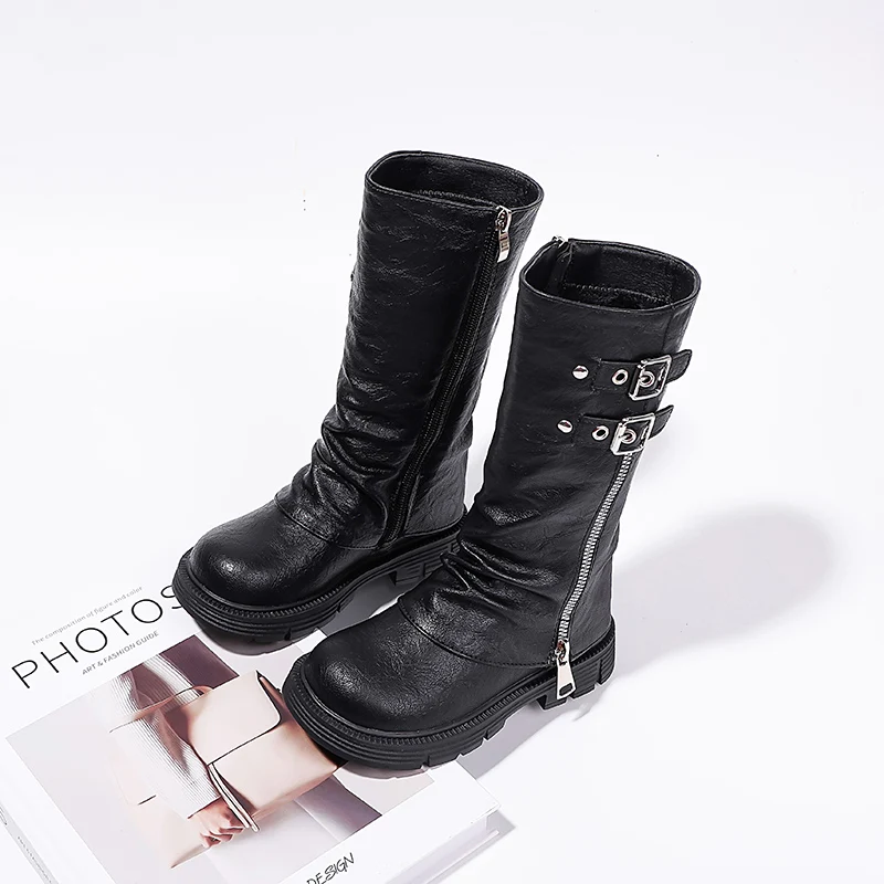 Spring Autumn New Kids Fashion High Boots Classic Black Brown Girls School Causal Leather Boots Catwalk Children Platform Boots