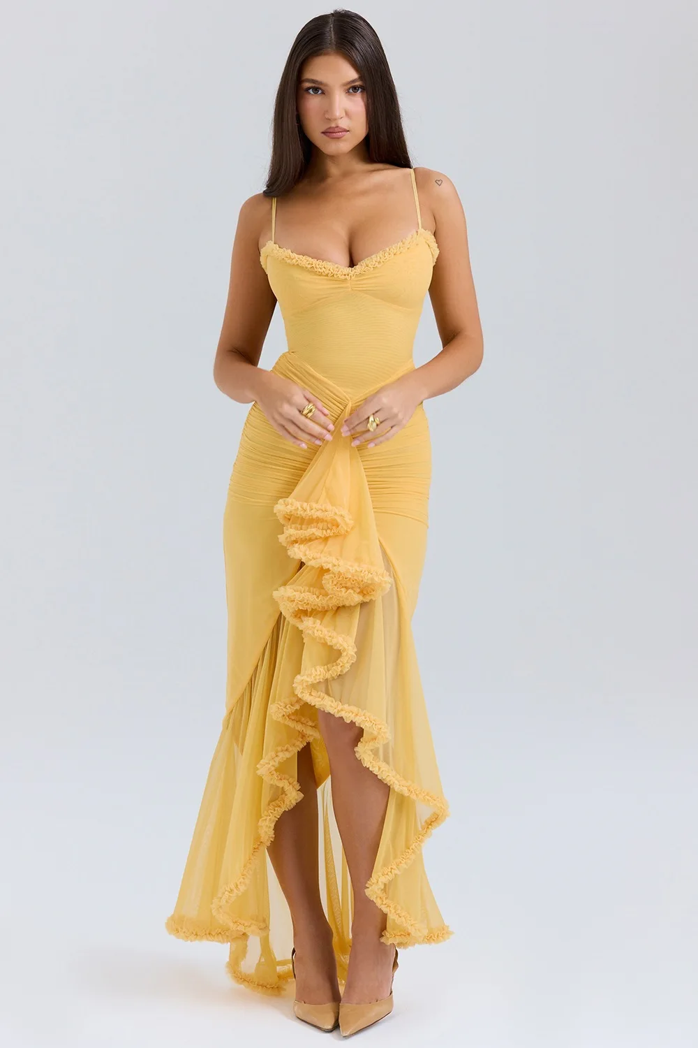 CHNMR Robe longue moulante élégante à volants et drapée pour femme, style Y2K, sexy, sans manches, sans bretelles, à bandes, de luxe, pour soirée
