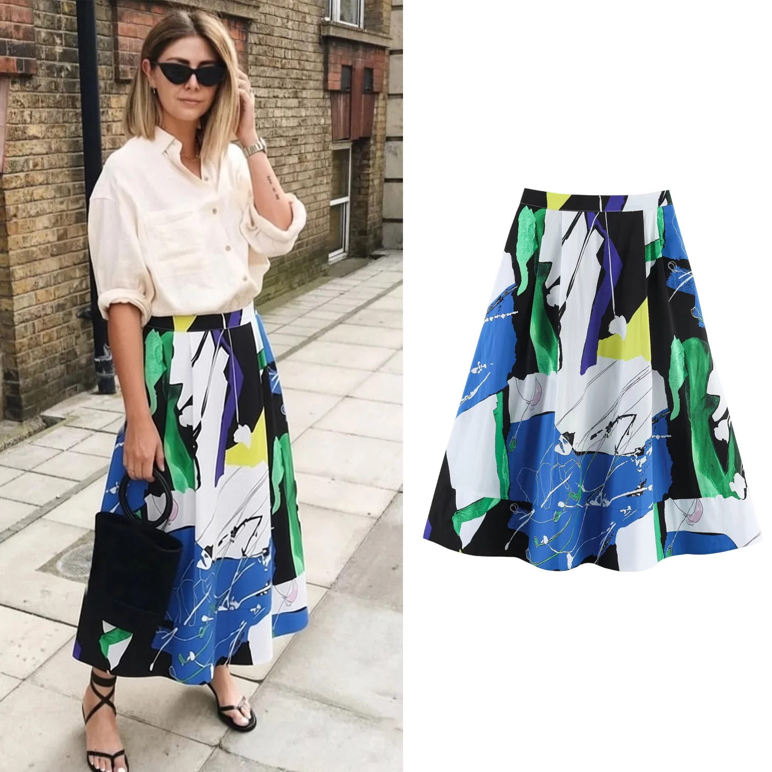 Women's Printed Midi A-line Skirts Spring Summer Female Casual High Waist Pleated Skirt Lady Loose Elegant Street Skirts 1