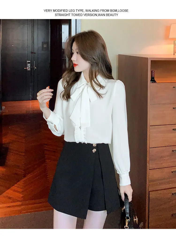 Bow Tie White Chiffon Shirt 2022 Spring Summer Korean Fashion Blouse Lace Elegant Long Sleeve Shirt for Female Casual Clothing
