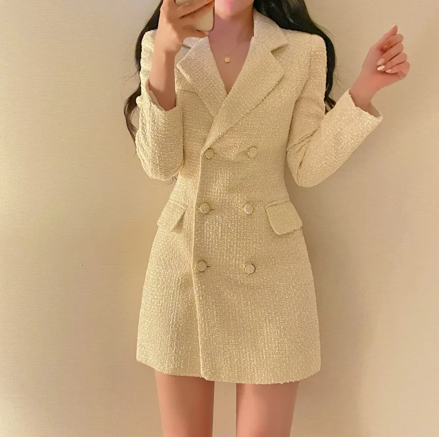 Autumn Winter Elegant Tweed Blazer Dress Double Breasted Slim Short Dresses for Women Korean Fashion Office Lady Coat Dress New