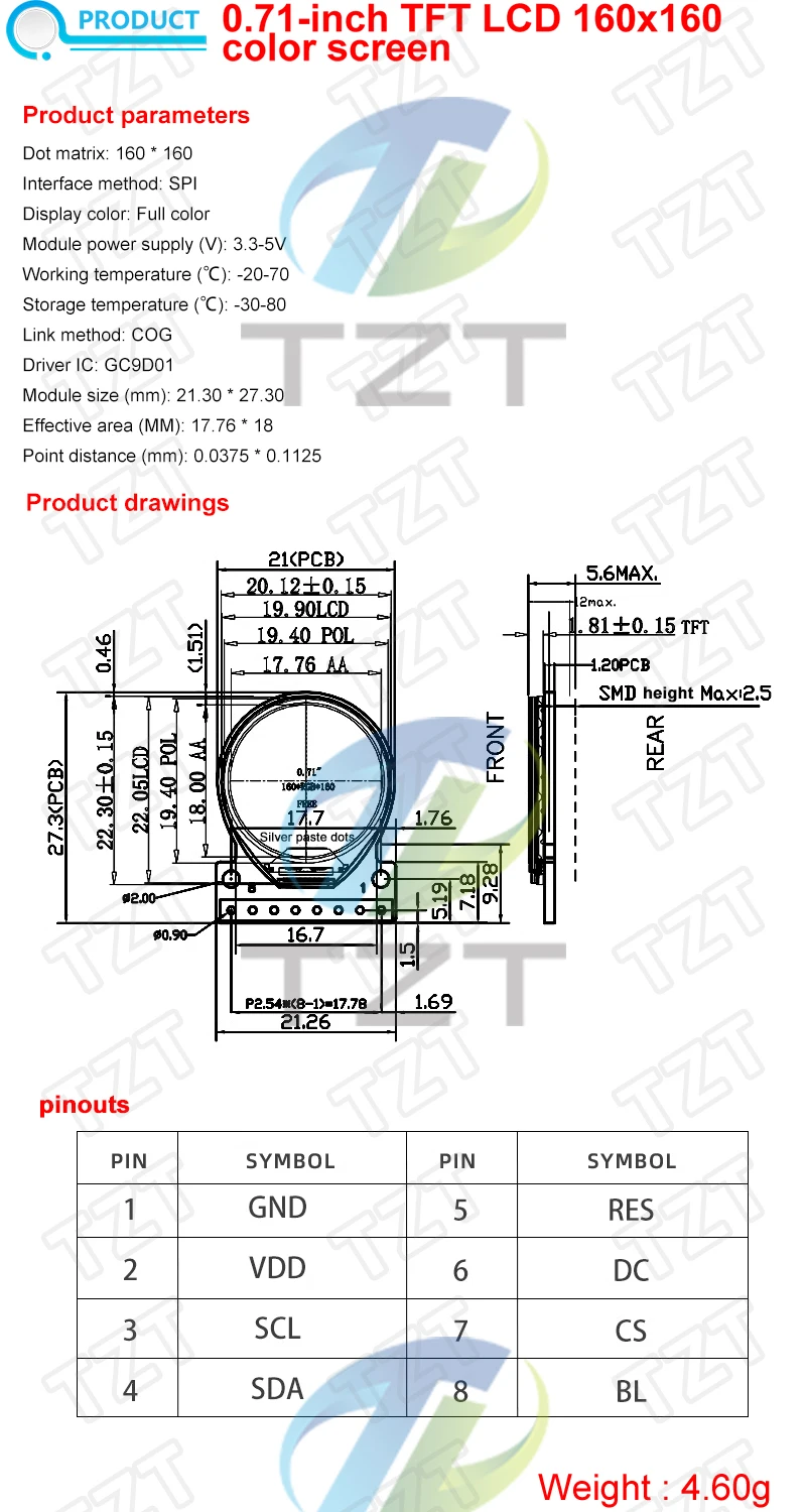 1/2/5PCS TZT 0,71 Zoll TFT LCD Display Modul Rund RGB 160*160 GC9A01 Treiber 8PIN SPI Schnittstelle 160x160 PCB Für Arduino – Detail 1
