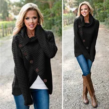 

Fashion Jumper Solid Thick Sleeve Winter Autumn Tops Collar Long Button Vintage Scarf Sweaters Oversize Pullovers Women Sweater