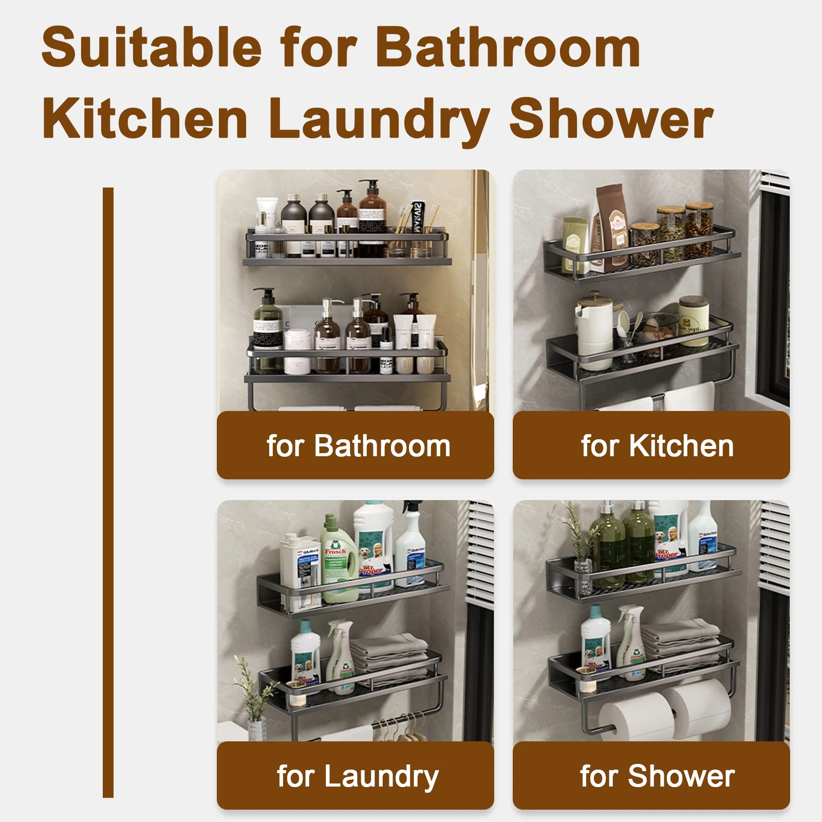 Punch-Free Bathroom Rack Bathroom Shelf Toilet Space Aluminum No Drill Hanging Rack Bathroom Organizer Hang On the Wall 6