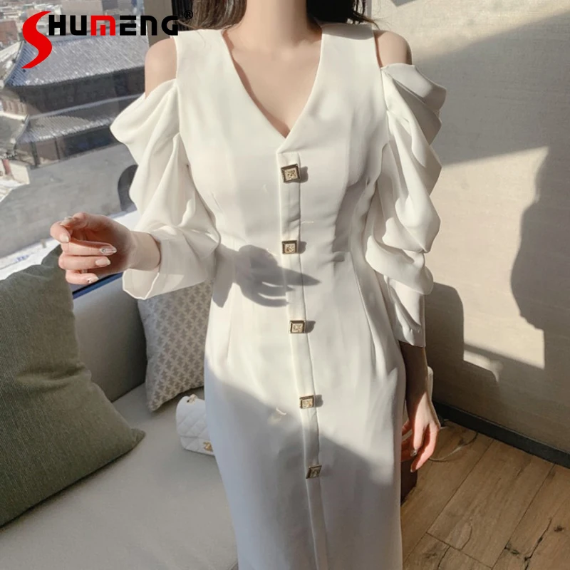 

2023 Spring Autumn Korean Style Chic Design Off-Shoulder Maxi Dress Women's Single-Breasted V-neck Temperament Long Dress