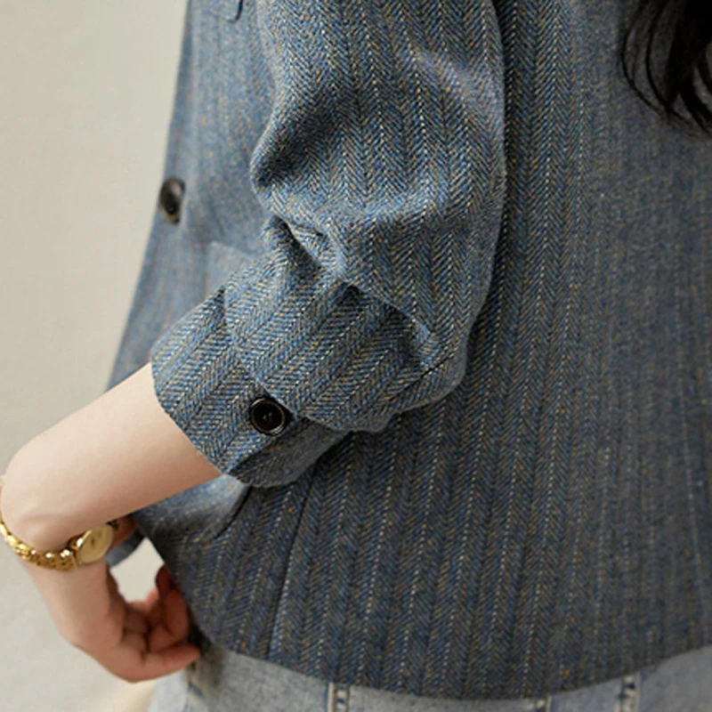 QoerliN 2023New Stripe Blazer Coat Women's Autumn Winter Fashion  Versatile Premium Woven Suit Long Sleeve Pocket Elegant OL Top