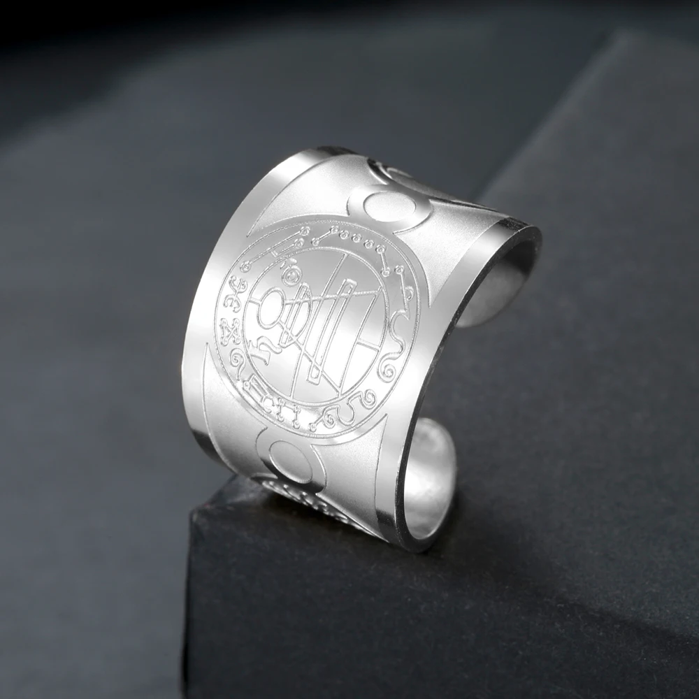 Reichtum Glück Amulett Kabbala verstellbarer Ring Männer Solomon geheime Dichtung Finger Ring Edelstahl Schmuck Wasserdicht Sonne Mond Okkultes Symbol Schutzamulet Edelstahl Ring für Männer Frauen – Detail 12