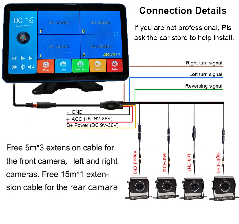 터치 스크린 후면 보기 백업 카메라, AHD DVR, 트럭 버스 밴 캠핑카 리버스 비디오 CCT, 4CH 블랙 박스, 10.1 인치 모니터 레코더