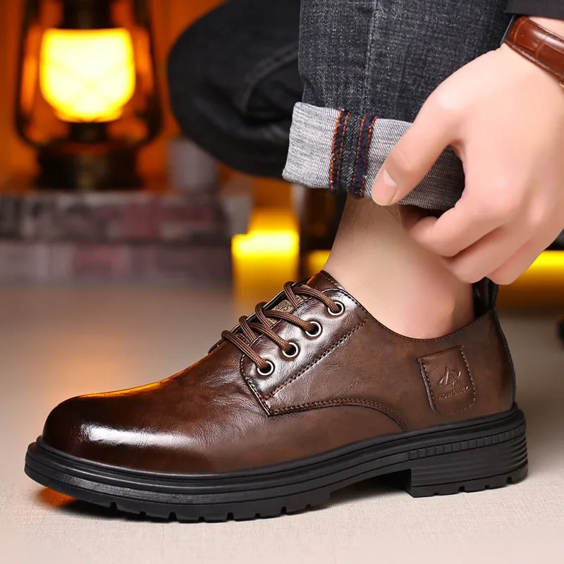 Retro Cow Leather Men's Dress Shoes Designer Solid Color Platform Shoes Men Fashion Casual Soft-soled Wedding Male