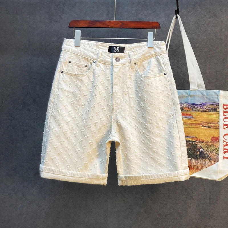 Five Point Pants For Men'S 2024 New Summer Loose Straight Wide Leg Perforated Jacquard High-End Casual Denim Shorts For Men 3