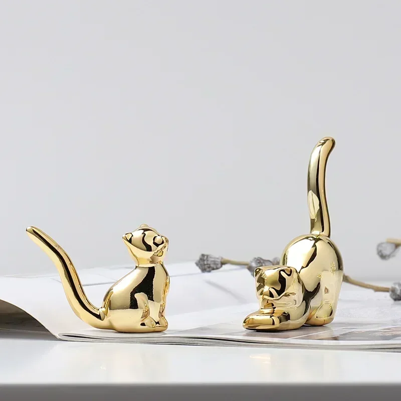 Small Gold Electroplate Ceramic Animal Figurines Swan Alpaca  Dog Cat Rabbit Fox Deer Porcelain Home Desk Decoration
