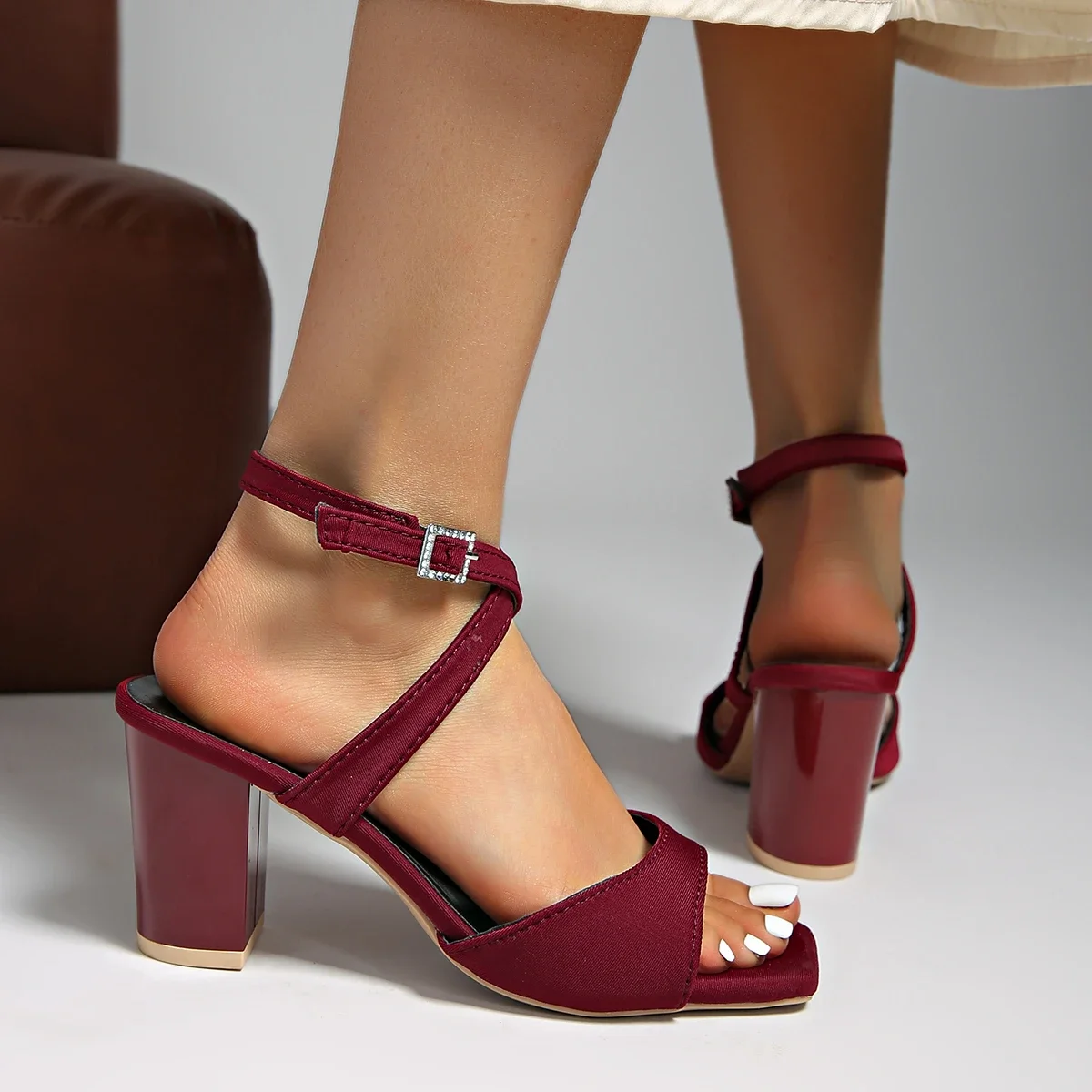 Women's Summer Fashion Sandals Medium High Heel Outdoor Sandalias Elegant Wedding Shoes Bridal Ankle Strap Slingback Sandals
