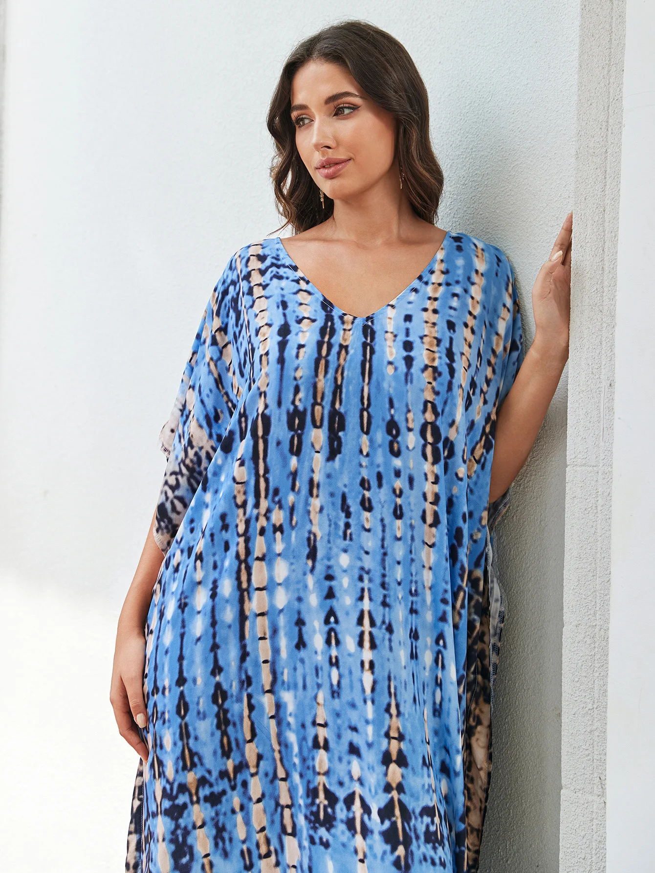 Fashion Casual Striped Print Long Dresses Women Bohemian V-neck Bat Sleeve Loose Slit Beach Dress Summer New Beachwear Vestidos 24 Fashion Casual Striped Print Long Dresses Women Bohemian V-neck Bat Sleeve Loose Slit Beach Dress Summer New Beachwear Vestidos