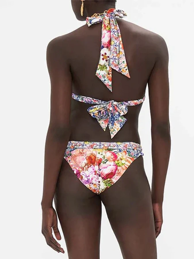 Color Contrast Women's Bikini Fashion Trend Flower Print Swimsuit Set Designer New Beach Vacation Camping Swimwear And Cover-Up