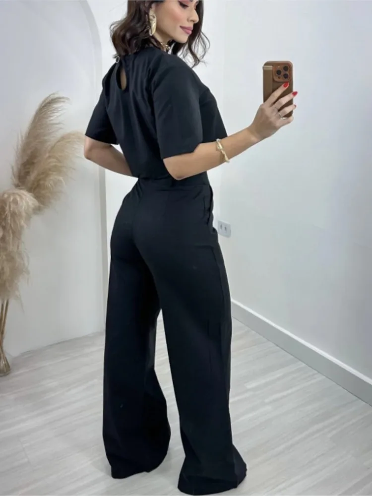 Trendy Solid Color Pants Set Women Half Sleeves Cropped Top High Waist Wide Leg Trousers Two Piece Sets Lady Commuting Clothing