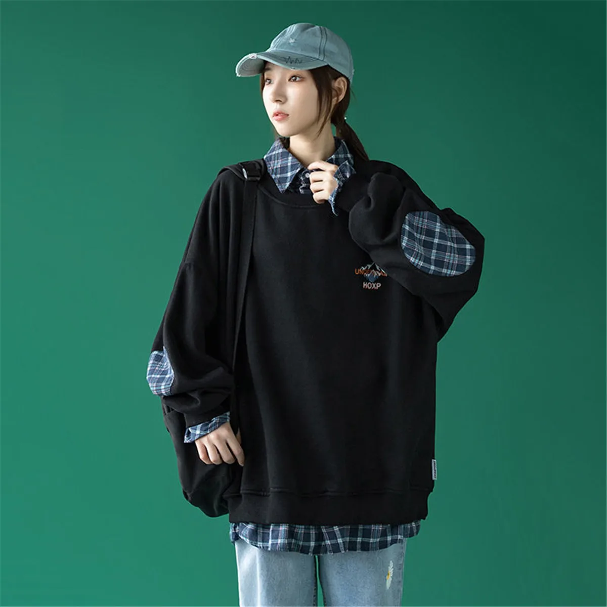 

Black Plaid Patchwork Hoodie Streetwear Hip Hop Women Polo Sweatshirts Casual Autumn High Street Tops Funny Loose Clothes Femme