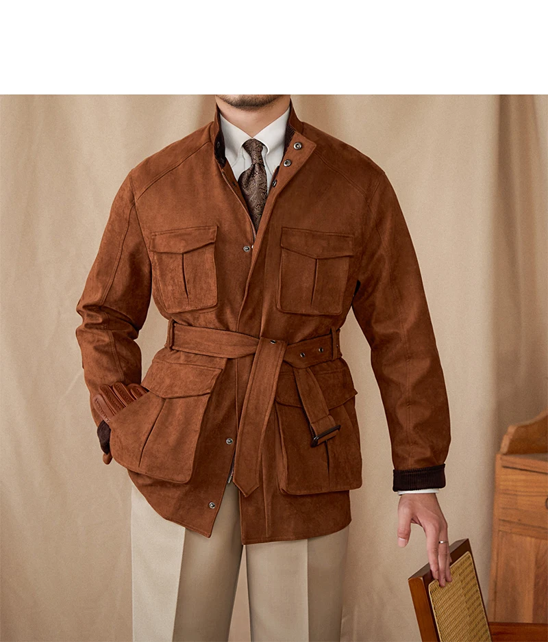 Gentry High-Style Wildleder-Jagdjacke, Gürtel, mehrere Taschen, warme, schmal geschnittene Freizeitjacke für Herren – Detail 29