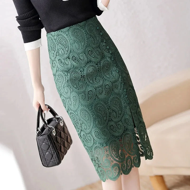 Fashion Summer Black Skirt Lace Mid-Length Skirts 2022 Summer New High Waist Women's Skirt ZipperNavy Bag Hip Skirt Size L-4XL