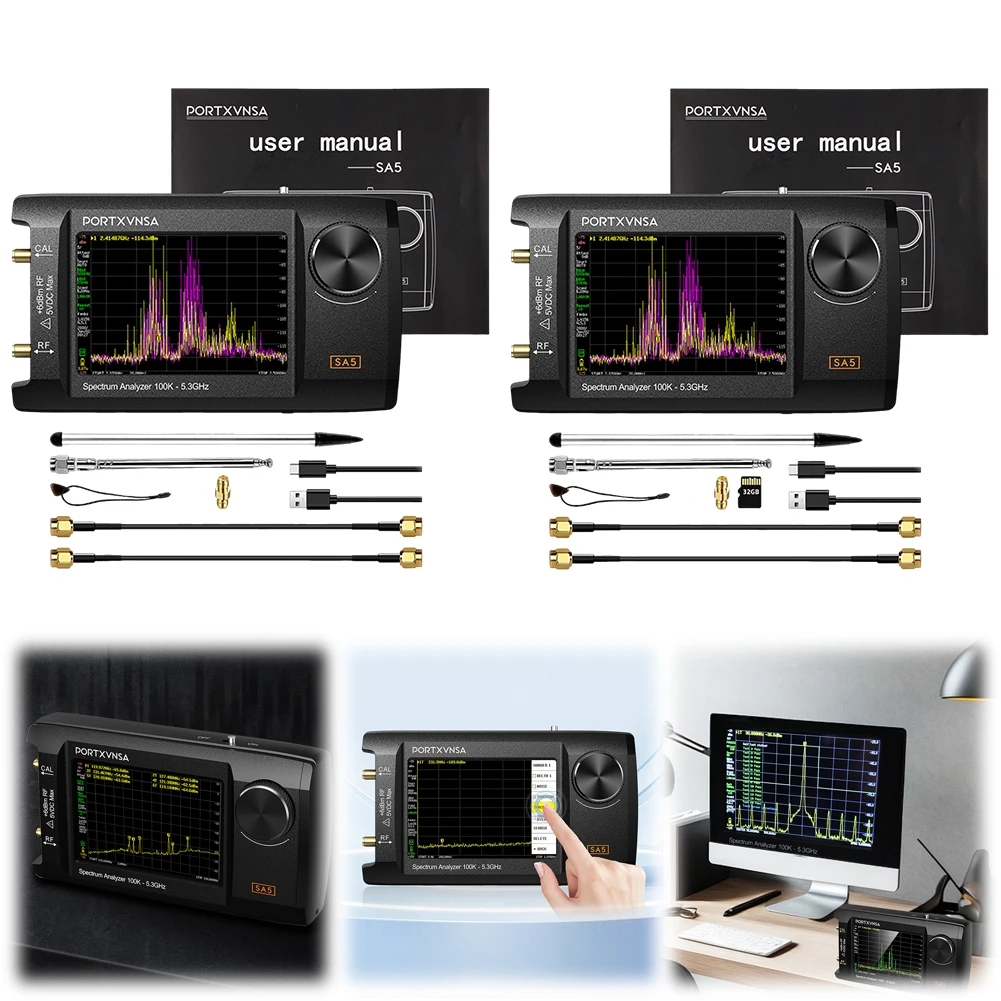 휴대용 스펙트럼 분석기 2 in 1 신호 발생기 4.0인치 주파수 분석기 100kHz5.3GHz 5000mAh 배터리(32GB 카드 포함)