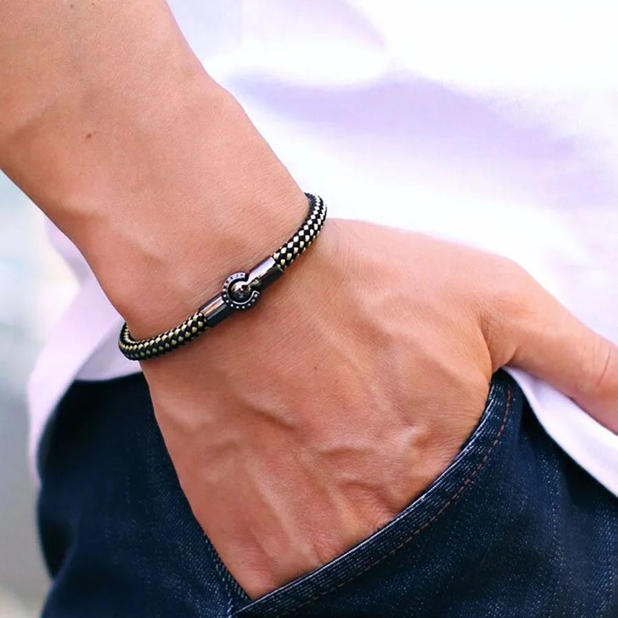 Mens Black Rope Cycling Bracelet with Magnet Buckle