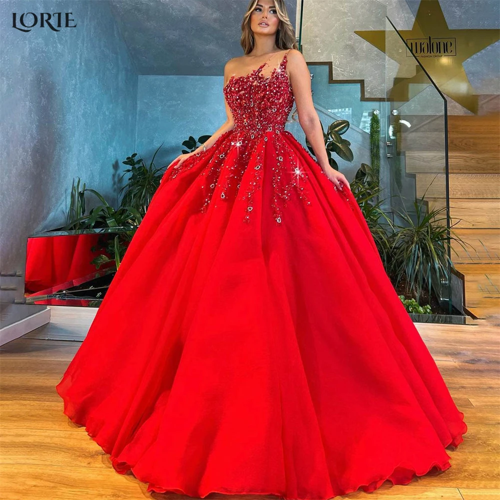 Red Beaded Princess Formal Prom Dresses Puffy Glitter Dubai Evening Dress Saudi Arabia Shiny Pageant Party Gown Customized