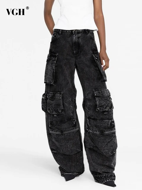 VGH CamSolomon-Jean Décontracté pour Femme, Taille Haute, Poches Patchwork, Couleur Unie, Minimaliste, Denim, Nouvelle Collection Automne 1