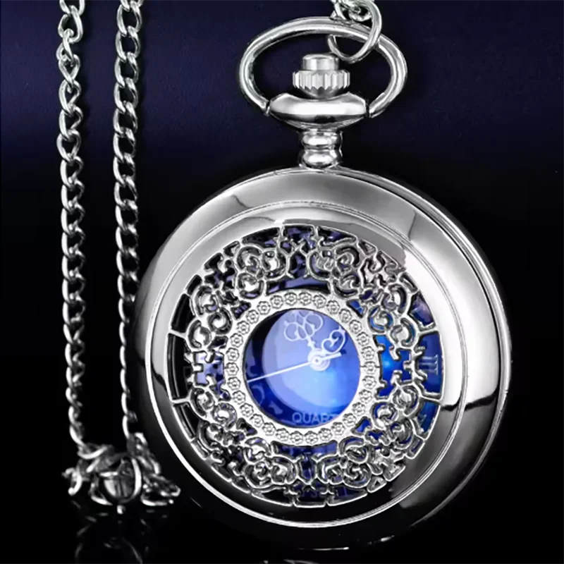 Pocket Watch Hollow Blue Starry Sky Dial Roman Numerals Quartz with Necklace