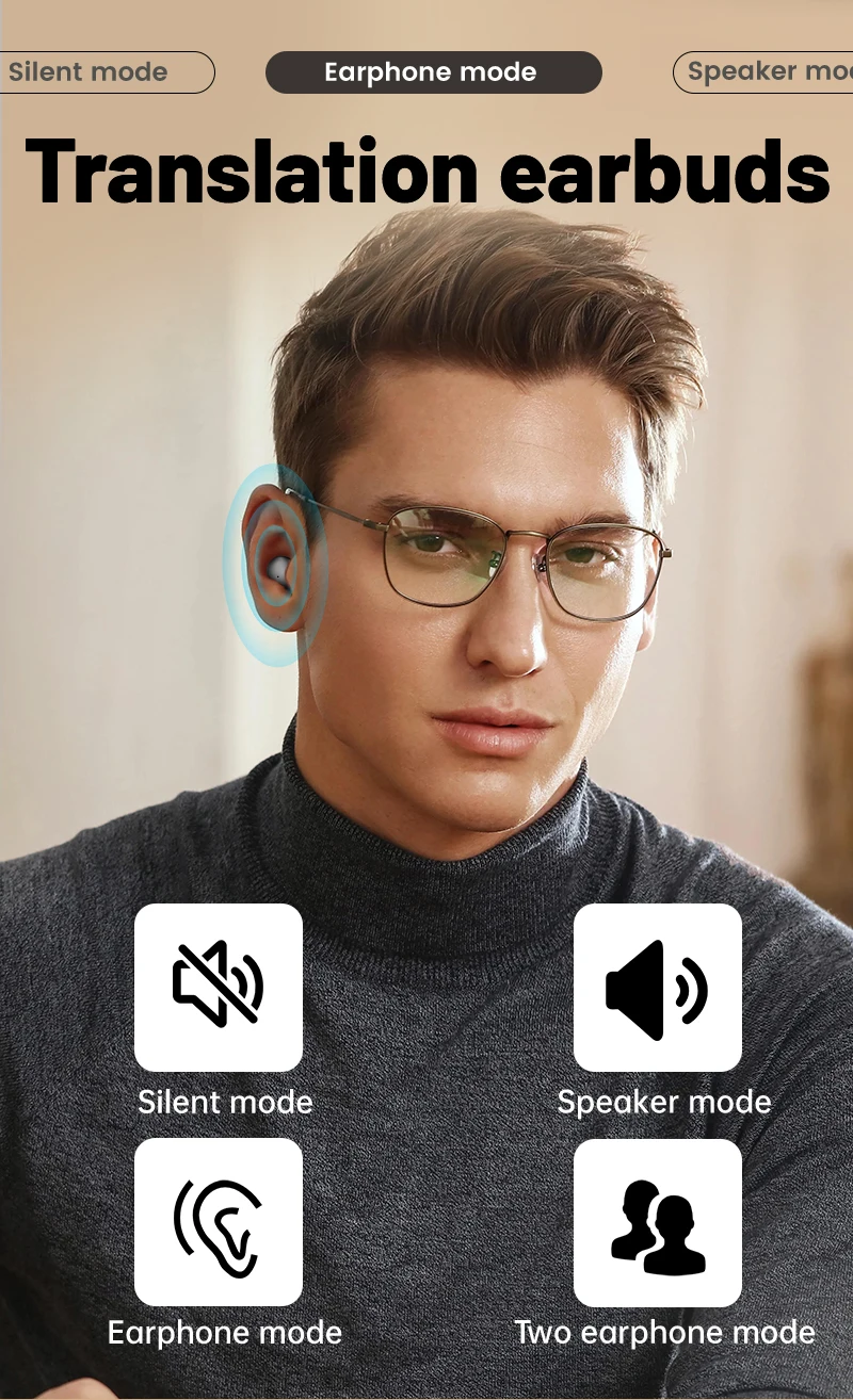 AI Earphone Bass Sleep Earbuds Wireless Bluetooth Headset HD Call Wireless Headphones Business Office Travel Shopping Translate