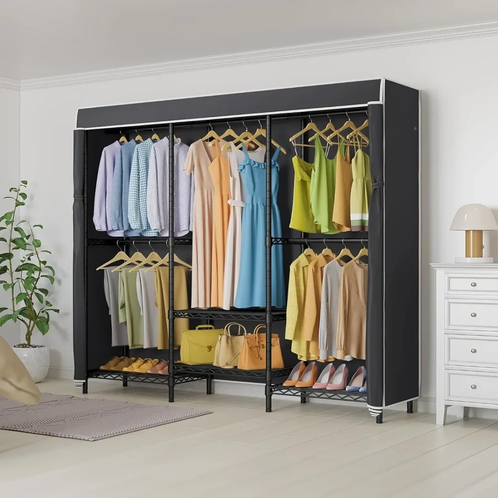 New2025-V5C SE Garment Rack Wardrobe Closet, Heavy Duty Clothes Rack with Adjustable Shelves and Black Cover, Black Metal Closet