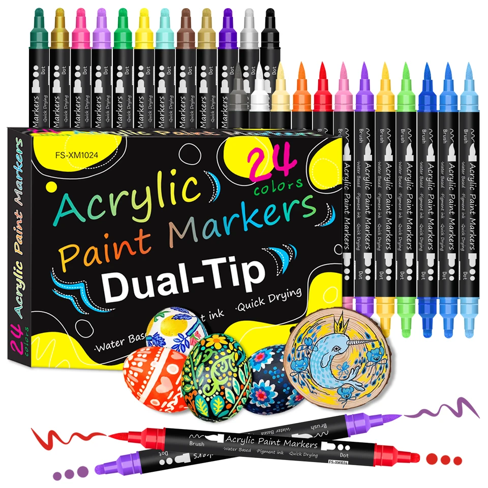 thumbnail image 2 of Overseas 24 Color Acrylic Paint Markers - Dual Tip (Brush & Dot), Water-Based, Permanent On Wood, Rock, Glass, Fabric 2 of 2
