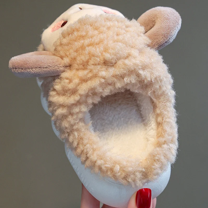Lovely Fluffy Lamb Cotton Slippers for Children Winter Indoor Warm Non Slip Plush Slippers Girls and Boys Soft Sole Home Slides