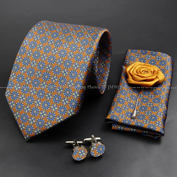 Herrenmode 7,5cm Weiche Seidenkrawatte Set mit Einstecktuch Manschettenknöpfe Boutonniere Blau Grün Orange Gepunktet Blumenmuster Krawatte für Hochzeiten – Detail 13
