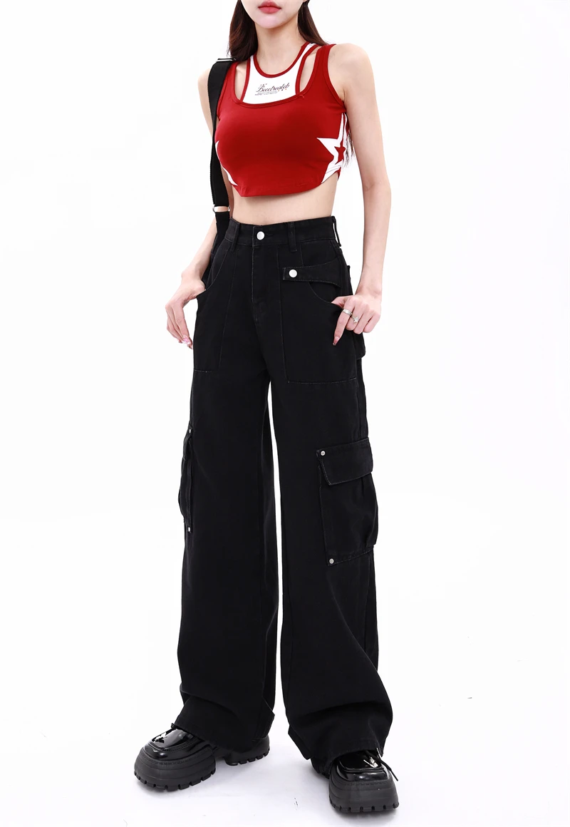 

Make Old Black Women's American Multi Pocket Pants Summer Basic Matching Vintage High Waist Unisex Pants Female Loose Trousers