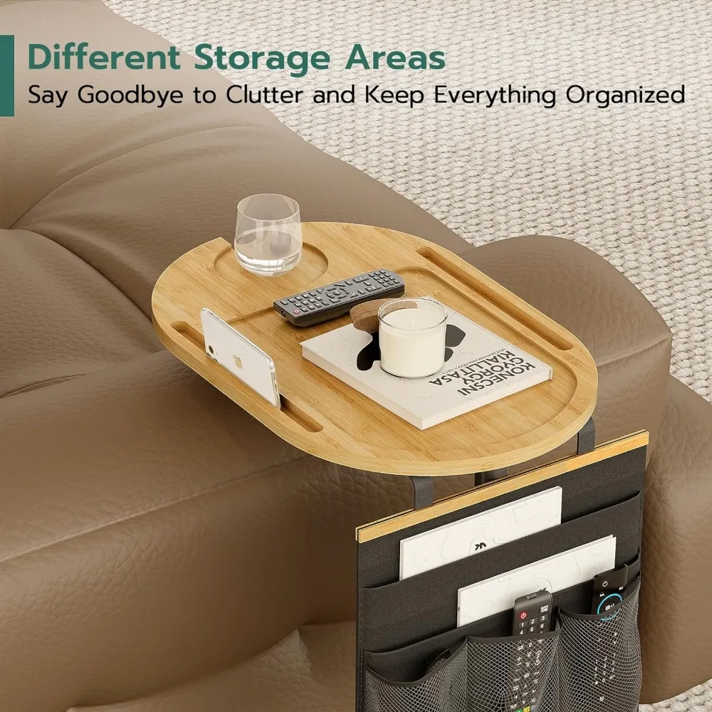 Yufoi Side Adjustable Heights, Bamboo Sofa With Storage Pocket, Liftable Couch Arm Tray Table