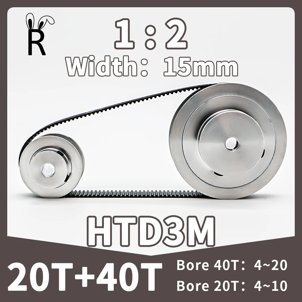 

20T 40T HTD 3M Timing Belt Pulley Set Belt Width 15mm Reduction 1:2 40Teeth Synchronous Wheels Set 3M 20Teeth Timing Pulley Kit