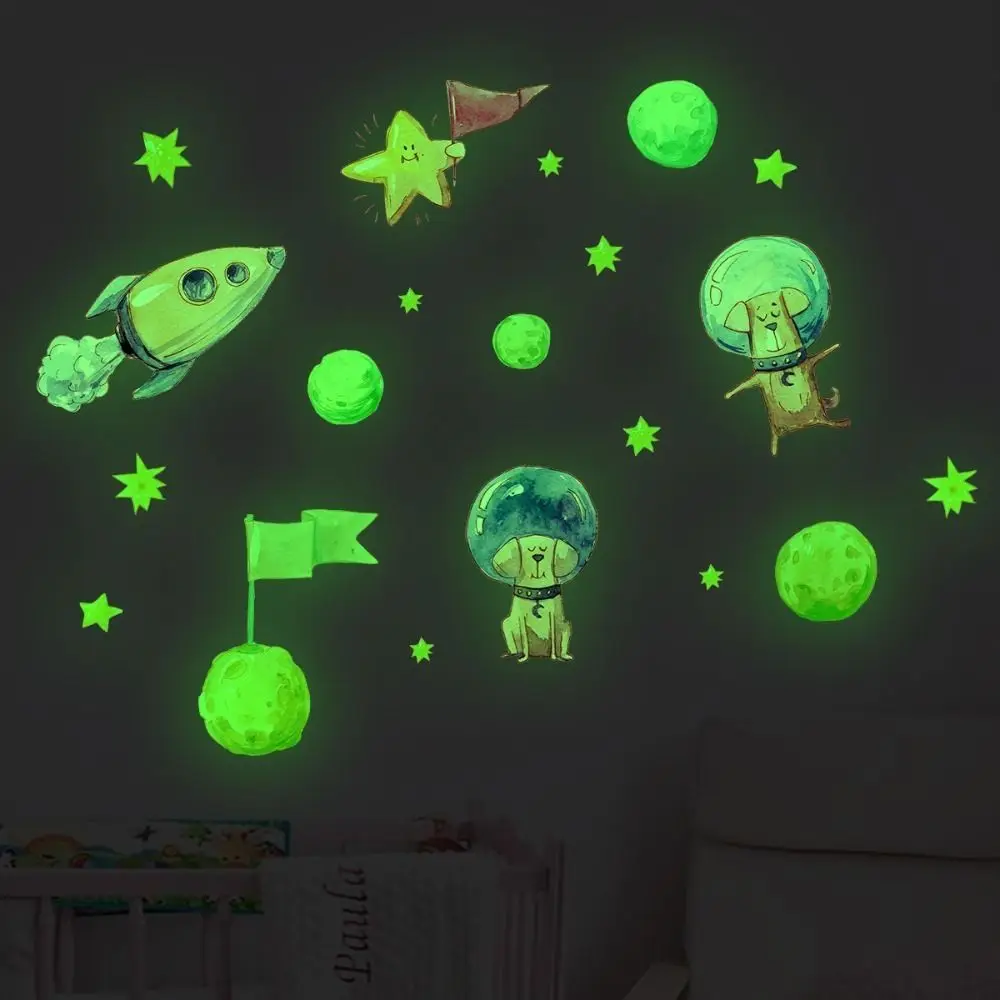 1PC 3D Cartoon Luminous Wall Stickers Glow In The Dark Astronaut Dark Wall Stickers Planet Decals Kids Room Decor Luminous Wall Stickers 3D Wall Stickers