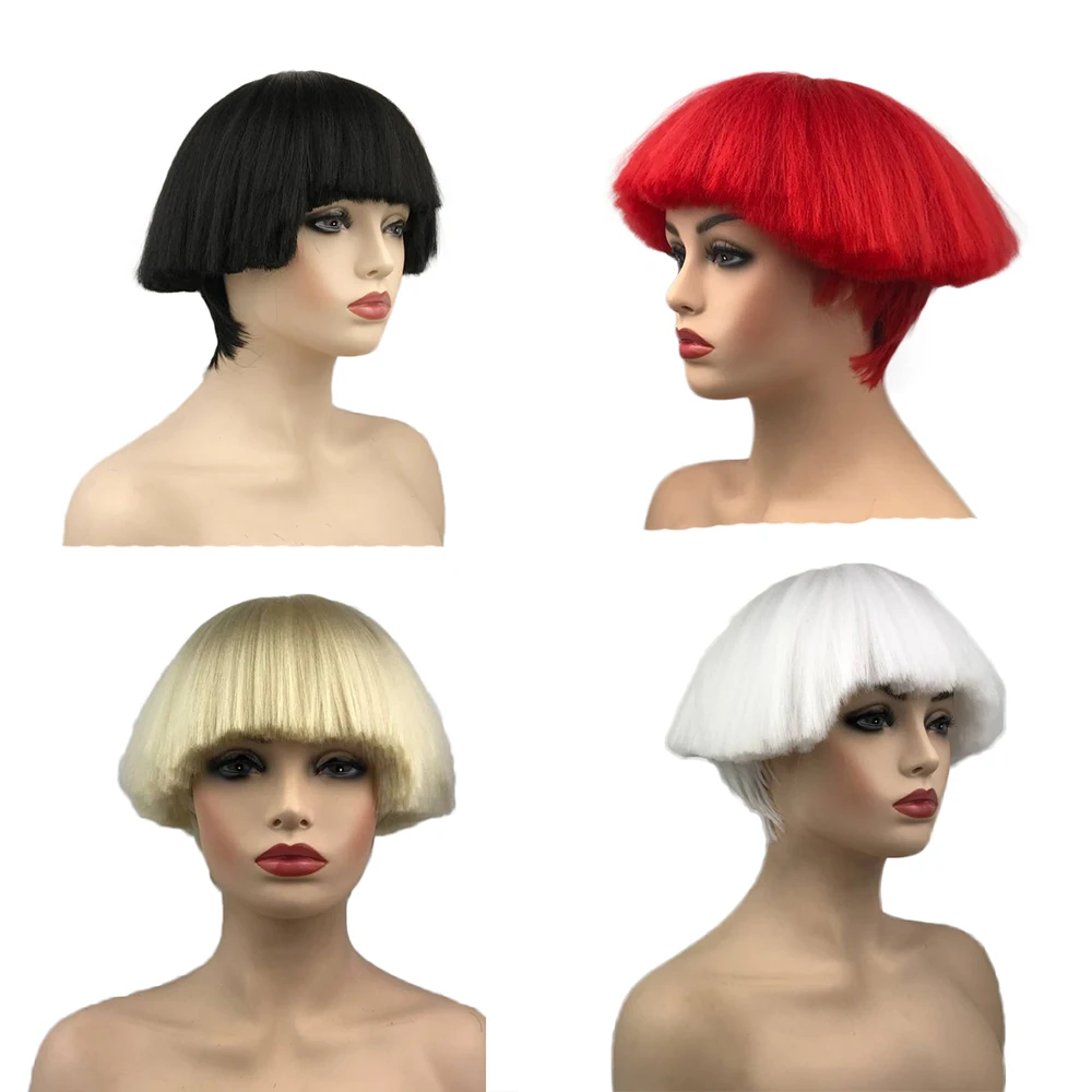 

Short Yaki Straight Synthetic Party Wigs Red Mushroom Head Wig Bowl haircut Wigs Bob heat resistant fiber wig for women