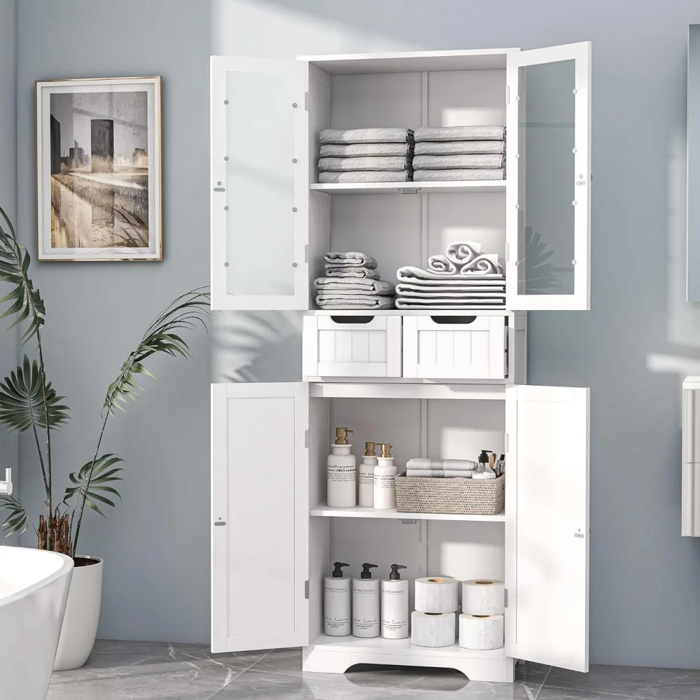 67" Tall Bathroom Storage Cabinet, Freestanding Linen Cabinet with Glass Doors and Shelves, Large Bathroom with 2 Drawers White