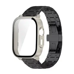 Premium Stainless Steel Band and Tempered Glass Protective Shell with Metal Bracelet Wristband for Realme Watch 5 (Black - Starlight)