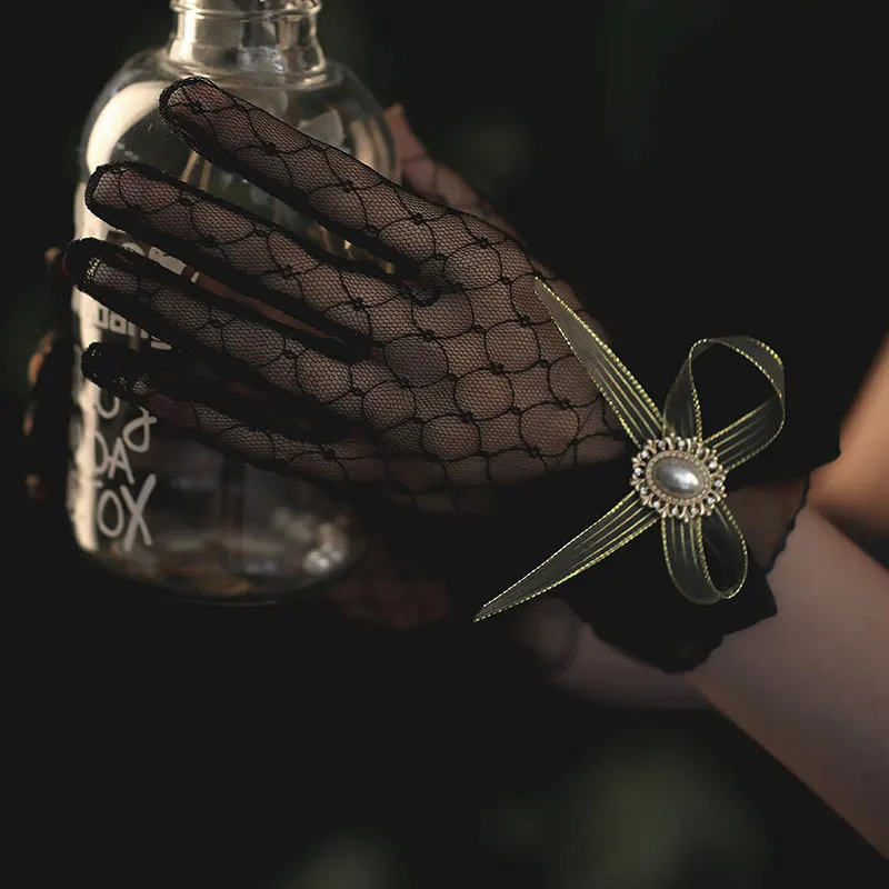 Black Gloves Lace Sexy Lace Short Tulle Full Finger Driving Gloves
