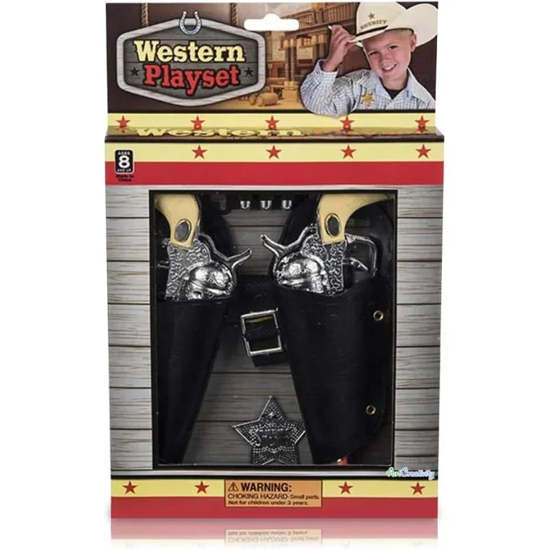 Kids Cosplay Costume Cowboy Toy Set Pistols Sheriff Badge Gun Holsters and Adjustable Belt Old Western Sheriff Cosplay Costume 9 Piece Set for Kids
