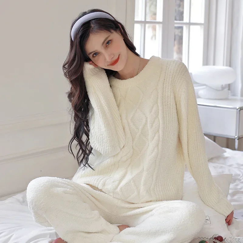 Women's Pajamas Set of Fall and Winter Soft Half-fleece Homewear Long-sleeved Thickened Leisure Elegant Simple Sweater Sleepwear