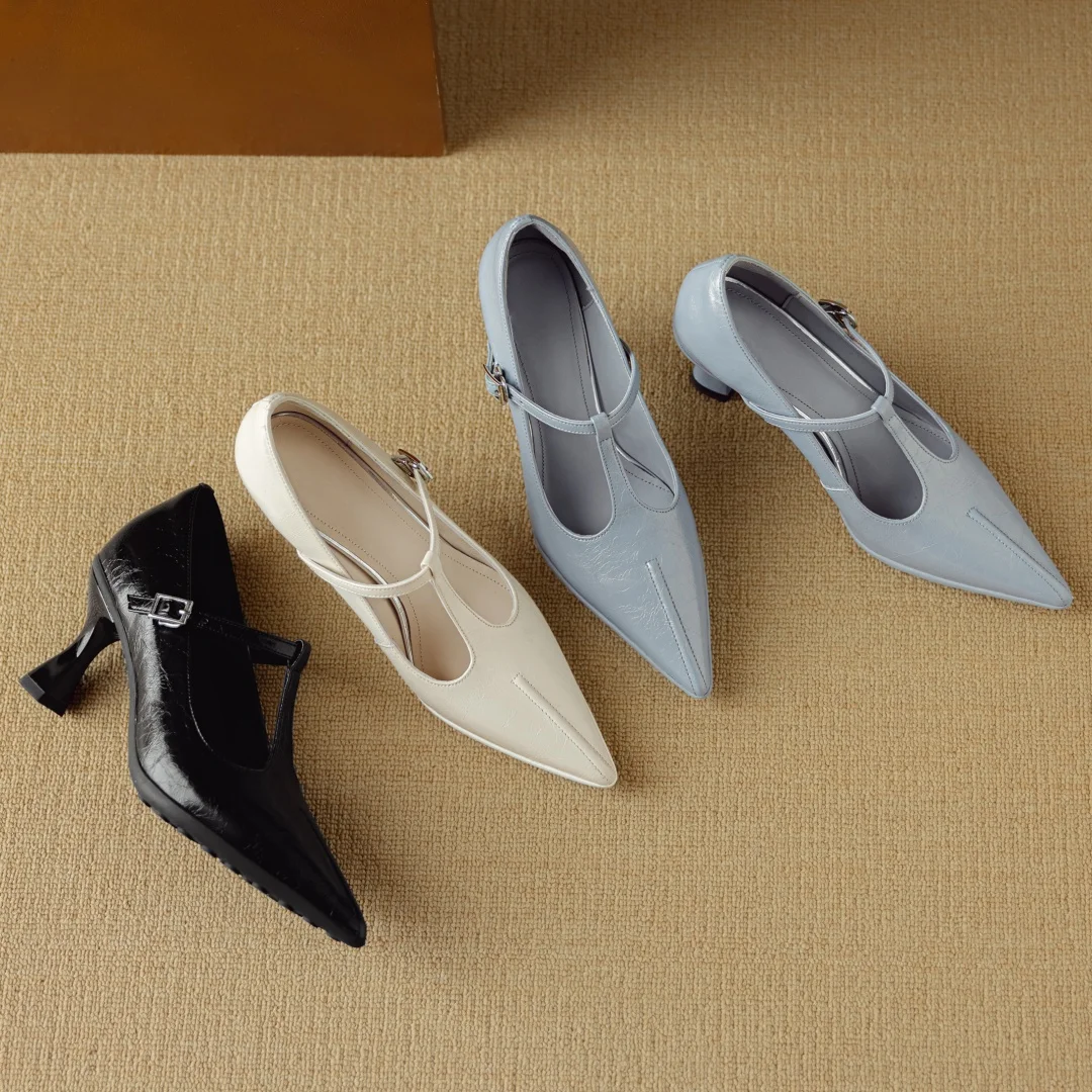 Women's genuine leather pointed toe metal buckle slip-on t-strap pumps elegant ladies 7.5cm thin high heeled daily dress shoes - view