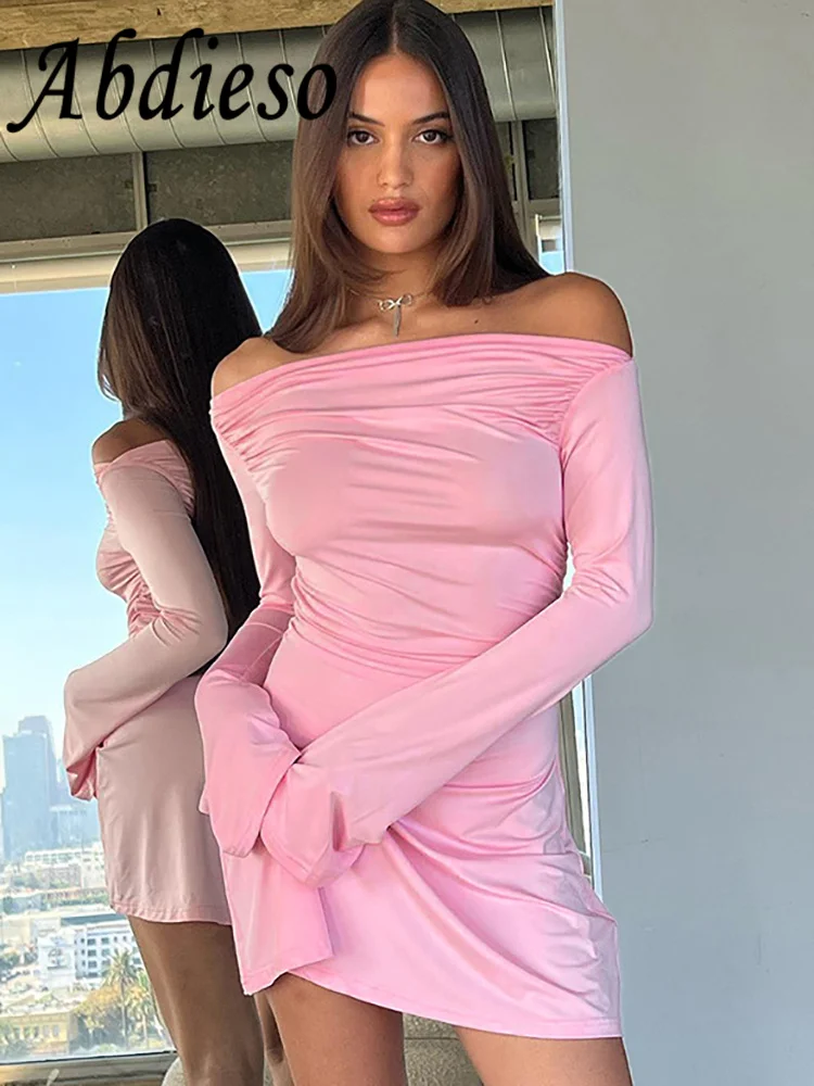 

Abdieso Pink Sexy Off Shoulder Long Sleeve Short Party Dresses Women 2023 Fall Winter Ruched Mini A Line Bodycon Dress Y2K