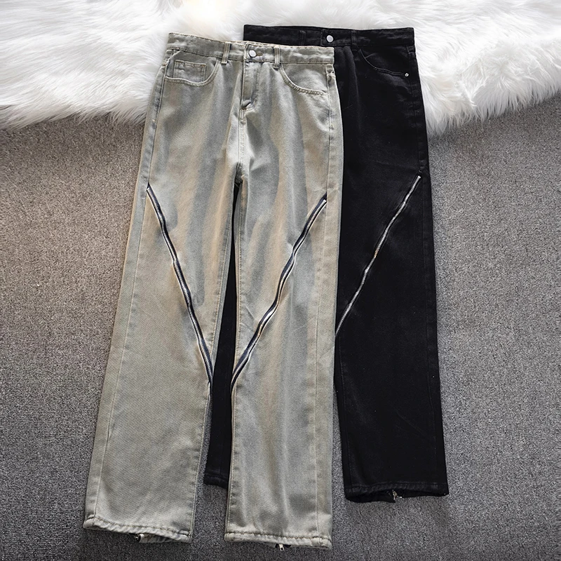 

2024 Men Summer Fashion Zippers High Waist Denim Pants Male High Street Straight Jeans Mens New Loose Casual Trousers F95